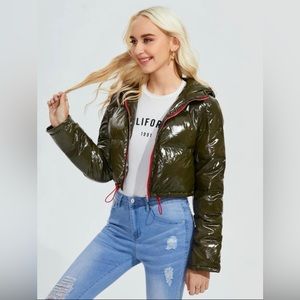 Olive Green Drawstring Cropped Puffer